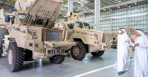 UAE Minister of Industry and Advanced Technology Sultan bin Ahmed al-Jabr inspects Kasser II MRAPs at a facility in Tawazun Industrial Park.