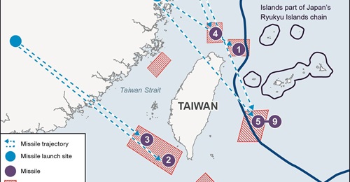 Caption: According to the Japanese MoD, five of the missiles launched from within China on 4 August fell within Japan's exclusive economic zone. Some of the missiles also flew across Taiwan.