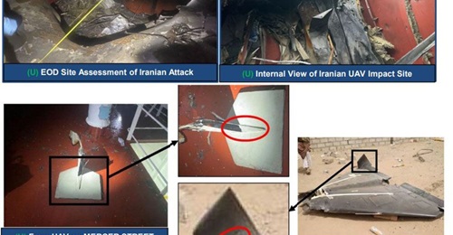 A CENTCOM slide shows the damage inflicted on the tanker 
        
         during the 30 July attack and compares the wreckage of the UAV to one recovered in Yemen in September 2020.