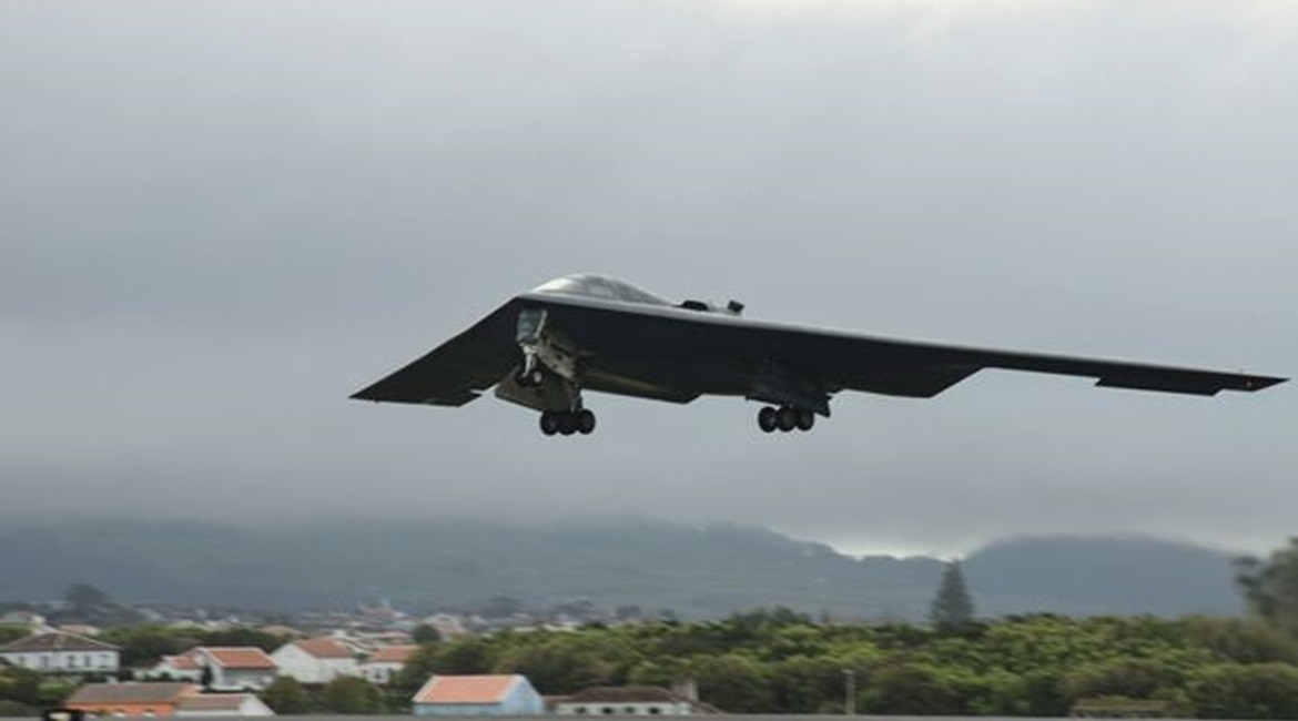 A B-2 Spirit stealth bomber departs Lajes Field, Azores, on March 16, 2021. The B-2 will be outfitted with the M-Code-enabled MGUE Increment I GPS receiver.