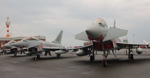 Qatari Eurofighter Typhoon combat aircraft at BAE Systems Warton site.