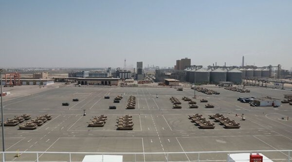 US Army vehicles that were unloaded at Yanbu's industrial port for onward shipment to Kuwait to test the Trans-Arabian Network during Logistics Exercise 21 in April.