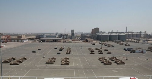 US Army vehicles that were unloaded at Yanbu's industrial port for onward shipment to Kuwait to test the Trans-Arabian Network during Logistics Exercise 21 in April.