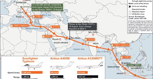 Germany has demonstrated its ability to deploy a detachment of combat and support aircraft in the Indo-Pacific region. The detachment, which includes six Eurofighter Typhoons, four A400Ms, and three A330 MRTTs, will operate in the region until 4 Octobe...