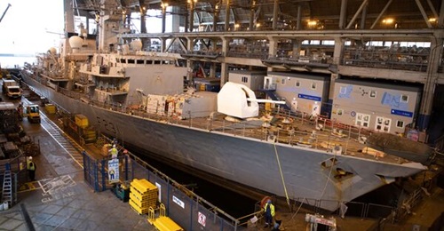 HMS 
        
        is pictured in number 5 dry dock at Babcock's Frigate Support Centre in Devonport, where the ship is undergoing a post-LIFEX upkeep.