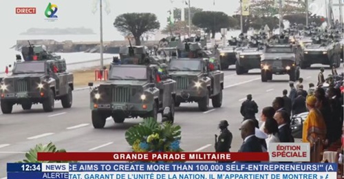 A still from the television coverage of Gabon's military parade on 17 August shows the Republican Guard's new Norinco VP11 MRAPs followed by Aravis and VN1 infantry fighting vehicles.