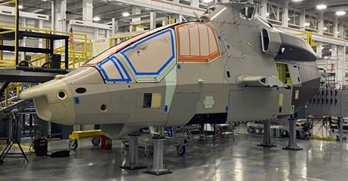 The Bell 360 Invictus, pictured in July, passes the halfway mark of assembly in Amarillo, Texas.