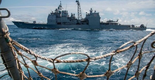 The Ticonderoga-class guided-missile cruiser USS 
        
         (CG 54), seen here in a file image, is one of two ships that transited the Taiwan Strait on 28 August.