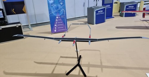 A scale model of the M-Pseudo SAT concept by the Royal Thai Air Force Academy is displayed at the Defense & Security 2022 show in Bangkok.