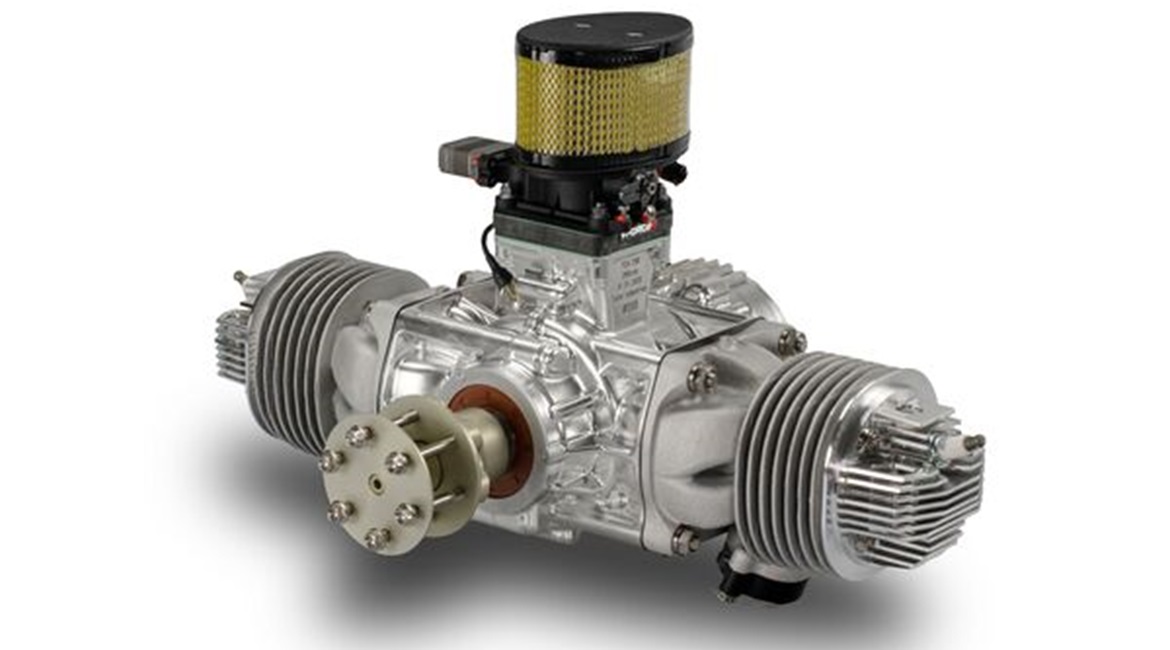 The CAE GmbH-Suter TOA288 air-cooled, two-cycle piston engine used in the Martin UAV V-Bat 128 tailsitting VTOL UAV. UAV Propulsion Tech is promoting the TOA288 at Xponential 2021.