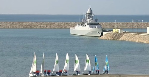 A screengrab from footage released on 11 August by the Altyn Asyr network showing Deniz Han, Turkmenistan's recently commissioned corvette, during a ceremony held at the Turkmenbashi naval base