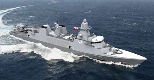 A computer-generated rendering of the Miecznik (Swordfish) frigate.