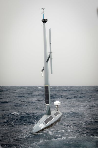 A Saildrone Explorer sails in the Gulf of Aqaba off Jordan during testing in December 2021. The latest incident confirmed that the 5th Fleet is using the type for very long-range patrols in the Red Sea.