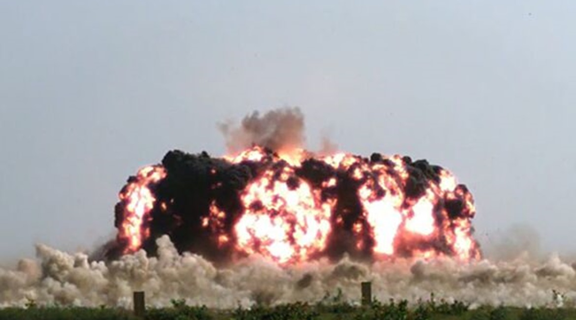 A Dialable Effects Munition delivers a precision effect to a target during a demonstration of the weapon's capabilities on 28 July.