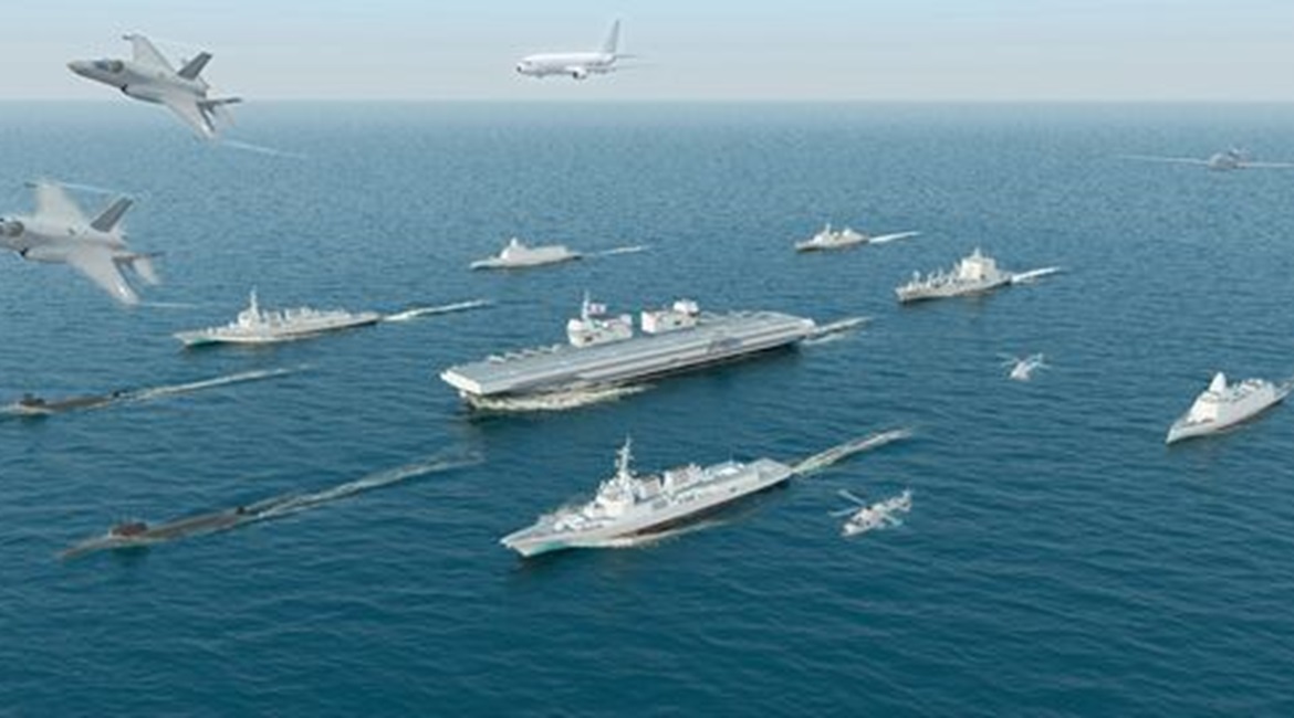 A CGI provided by the RoKN showing the future light aircraft carrier and its F-35B fighter aircraft, escorted by what appear to be KSS-III-class submarines as well as KDX-2-, KDX-3 Batch II-, and KDDX-class destroyers, and a Soyang (AOE-II)-class logis...