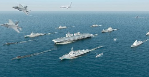 A CGI provided by the RoKN showing the future light aircraft carrier and its F-35B fighter aircraft, escorted by what appear to be KSS-III-class submarines as well as KDX-2-, KDX-3 Batch II-, and KDDX-class destroyers, and a Soyang (AOE-II)-class logis...