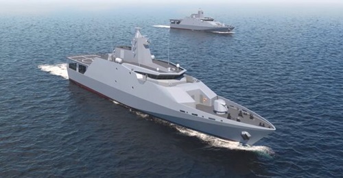 Computer-generated imagery of the two offshore patrol vessels ordered by the Nigerian Navy is seen in a still from a video released by Dearsan.