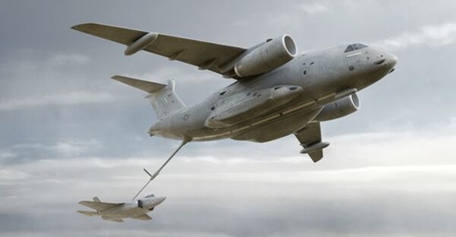 A conceptual rendering showing the KC-390 Agile Tanker in USAF service offloading fuel to an F-35 receiver aircraft.