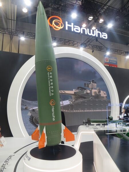Hanwha's Korean Tactical Surface-to-Surface Missile (KTSSM) system, pictured at the DX Korea 2022 show in Goyang.