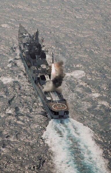 A BrahMos PJ-10 missile is launched from the vertical launching system (VLS) of the Rajput-class destroyer INS 
        
        .