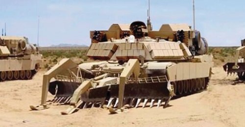 Pearson Engineering's Full Width Mine Plough attaches to the front of a combat engineering vehicle.