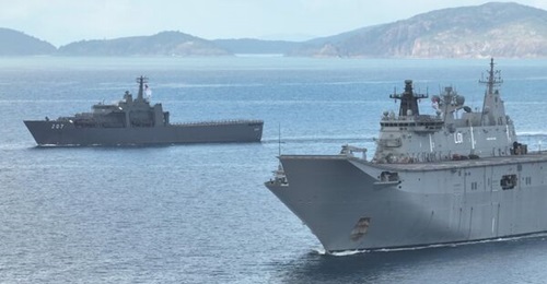 The Royal Australian Navy's HMAS 
        
         seen here with Republic of Singapore Navy's lead Endurance-class LPD. Both vessels took part in a joint amphibious assault operation at Exercise 'Trident' in September 2022.