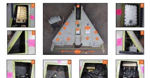 A composite of photographs from the report shows the locations of the Shahed-131's components.