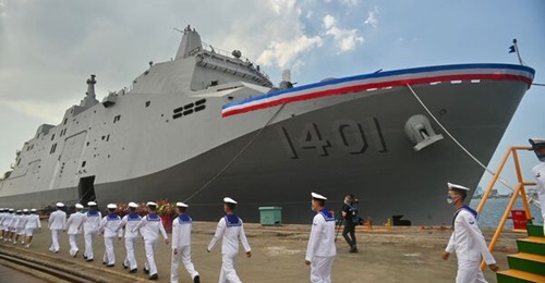 Taiwanese navy personnel walk by the landing platform dock 
        
         during its handover ceremony in Kaohsiung on 30 September 2022.