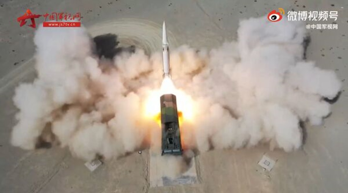 A screengrab from footage released by CCTV on 21 August showing what the media outlet described as one of two new conventionally armed ballistic missiles being launched by a PLARF brigade from a TEL vehicle located at a desert region in northwestern Ch...