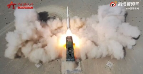 A screengrab from footage released by CCTV on 21 August showing what the media outlet described as one of two new conventionally armed ballistic missiles being launched by a PLARF brigade from a TEL vehicle located at a desert region in northwestern Ch...