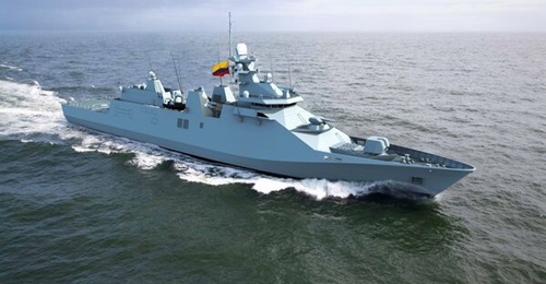 A computer render released by Damen of a notional SIGMA 10514 design matched to the Colombian Navy's PES requirement. The final configuration will be determined during the contractual design phase.