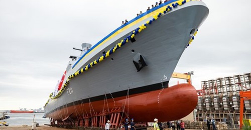 The first Ada-class corvette on order for Ukraine, 
        
         during its launch in Istanbul, Turkey, on 2 October.