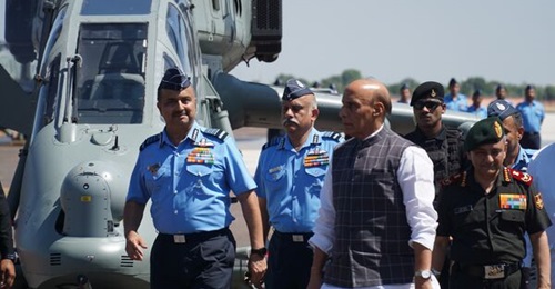 Senior defence officials and officers inducted the HAL Light Combat Helicopter Prachanda into service on 3 October 2022. From left: Air Chief Marshal V R Chaudhari (chief of Air Staff), Air Marshal Vikram Singh (air officer commanding-in-chief of South...
