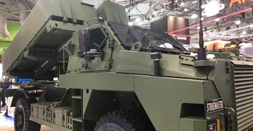 The StrikeMaster marries two NSMs and their launch missile modules with an armoured single-cab version of the Bushmaster military vehicle.