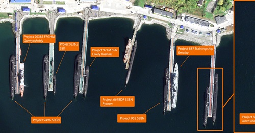 Airbus NEO satellite imagery shows the Project 885M Severodvinsk (Yasen)-class SSGN 
        
         and Project 955A Dolgorukiy (Yasen)-class SSBN 
        
         at the Pacific Fleet's Rybachiy naval base in Kamchatka Krai, Russia, on 2...