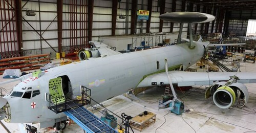 A former RAF E-3D being converted into a surrogate E-6B trainer for the US Navy at Lake Charles Airport in Louisiana.