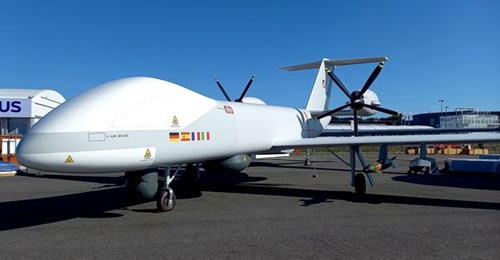 Seen at the ILA Berlin Air Show in June, a mock-up of the Eurodrone was equipped with general bombs and air-to-surface missiles that the French DGA has said will be the GBU-49 and Akeron LP, respectively.