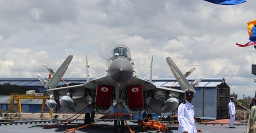A Mikoyan-Gurevich MiG-29K aboard India's second aircraft carrier, 
        
        Vikrant
        
         in September 2022. The Indian Navy has been considering an alternative carrier-borne fighter for the 
        
        .