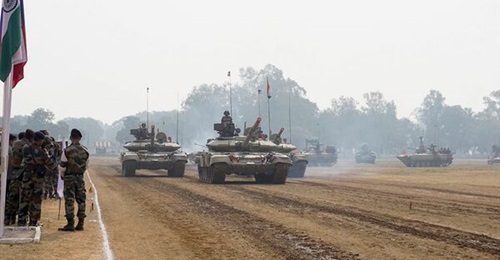 Indian T-90 MBTs on parade as part of a joint exercise with Russian forces in April 2021.