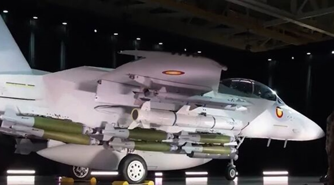 A screenshot from a Boeing video of the roll-out of the first F-15QA for Qatar, with the aircraft seen fitted with a range of weapons and systems.