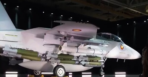 A screenshot from a Boeing video of the roll-out of the first F-15QA for Qatar, with the aircraft seen fitted with a range of weapons and systems.