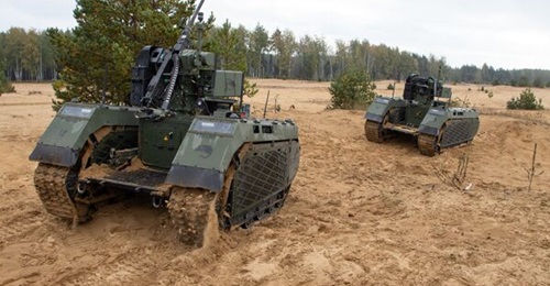 Armed THeMIS UGVs undergoing trials with the Royal Netherlands Army in Lithuania, October 2022.