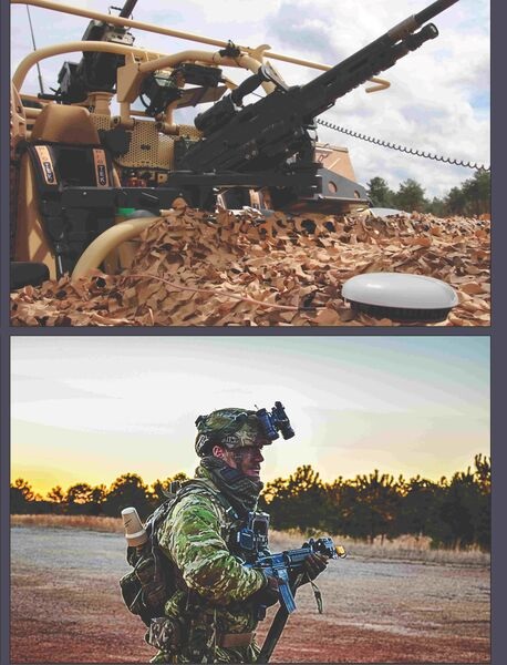 The SlingShot vehicle antenna (top) and the manpack antenna (bottom). The lightweight system provides a BLOS capability to tactical VHF/UHF radios and can be used on the move.