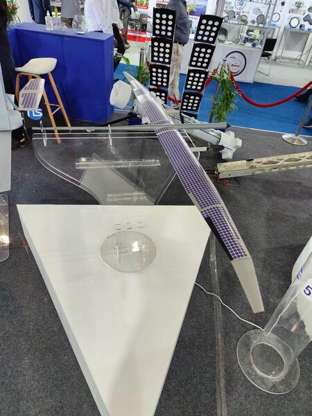 A model of the solar-powered High-Altitude Pseudo-Satellite (HAPS) being developed in India, at Defexpo 2022 in Gandhinagar, Gujarat, on 19 October.