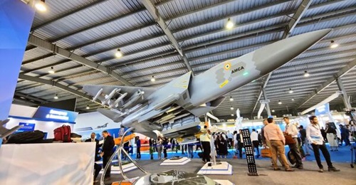 A model of Hindustan Aeronautics Limited's proposed Advanced Medium Combat Aircraft, pictured at Defexpo 2022 in Gandhinagar, Gujarat.
