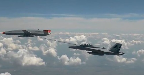The Boeing MQ-25A Stingray UAV passed fuel to a receiver aircraft (in this case, a Boeing F/A-18F Super Hornet) for the first time on 4 June 2021.