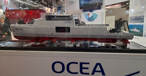 A scale model of OCEA's new OSV 315 offshore multirole support vessel on display at Euronoval 2022.