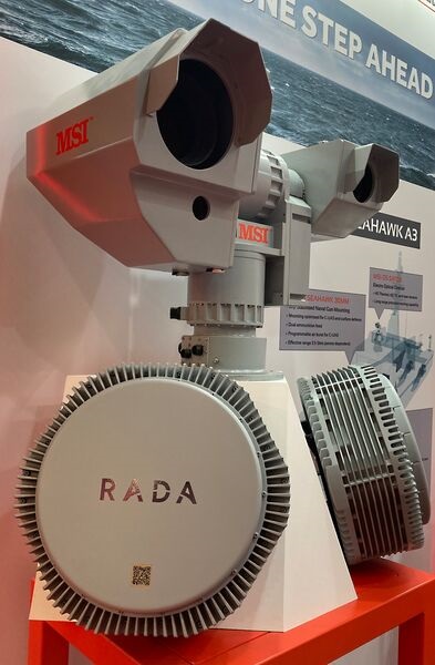 The sensor cluster for Seahawk A3 combines the RADA MHR radar (using fixed AESA panels) and MSI-Defence Systems' own SATOS electro-optical director.
