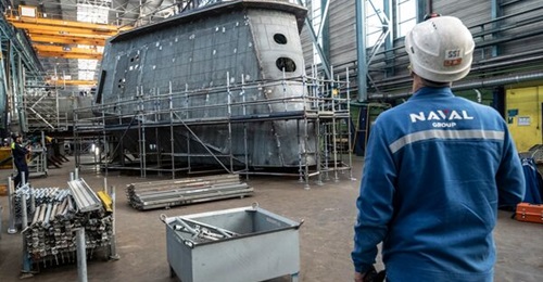 The first block of the first FDI HN frigate is laid down in dry dock at Naval Group's shipyard in Lorient on 21 October.