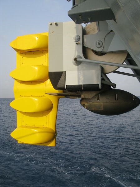 Sonar 2087 - the four-ring towed body pictured here on HMS 
        
        - equips eight RN Type 23 frigates.